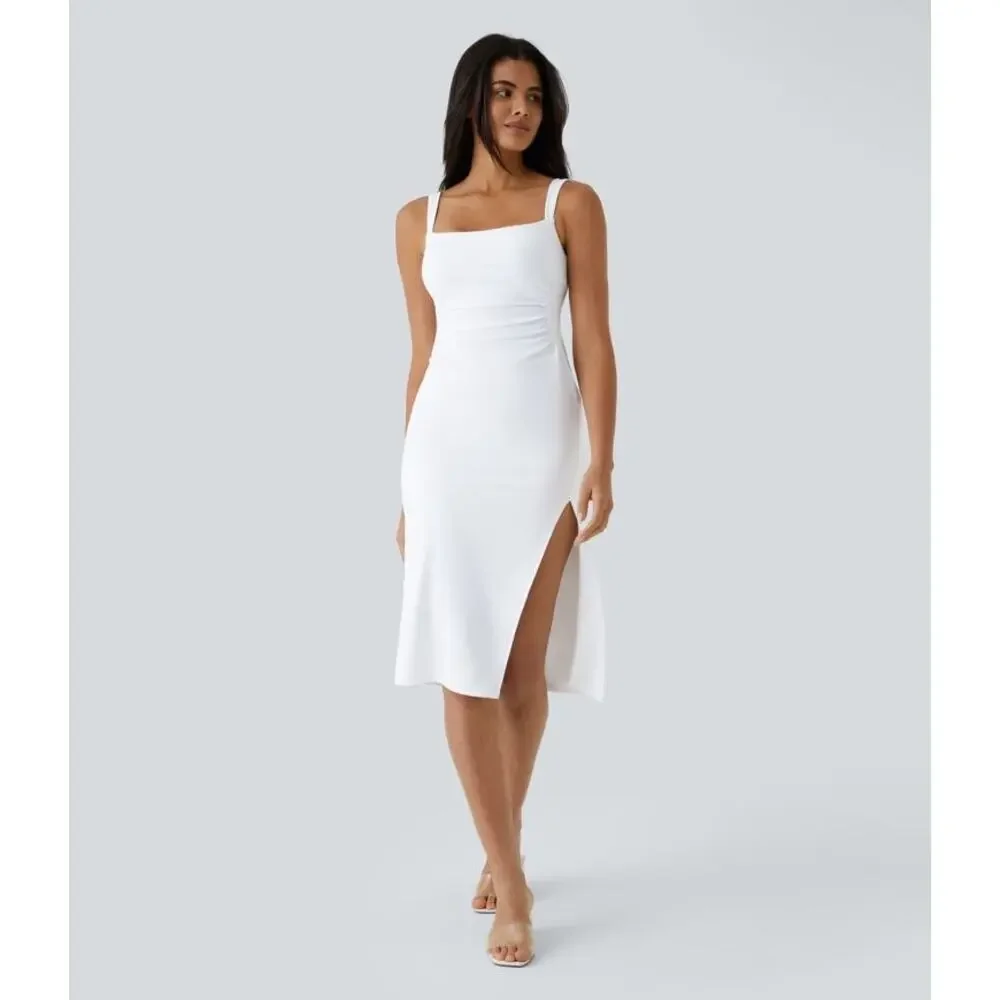 Halara Square Neck Ruched Split Midi Cool Touch Dress in White Size Large - Picture 3 of 16